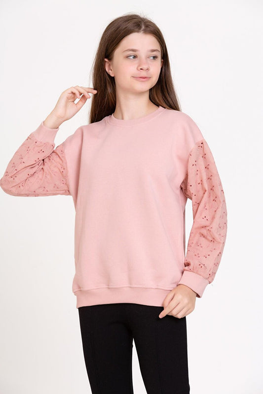 Girl's Dusty Rose Lace Sleeve 4-12 Years Sweatshirt - 23176-1