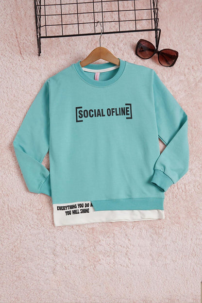 Mint Text Printed Striped Girl's Sweatshirt 16287