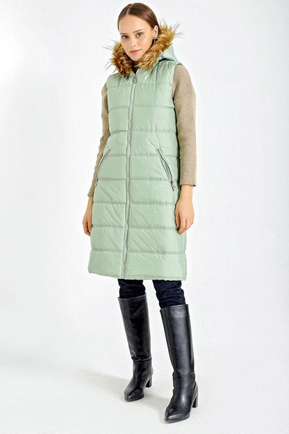 10233 Hooded Fur Puffer Vest - Mint