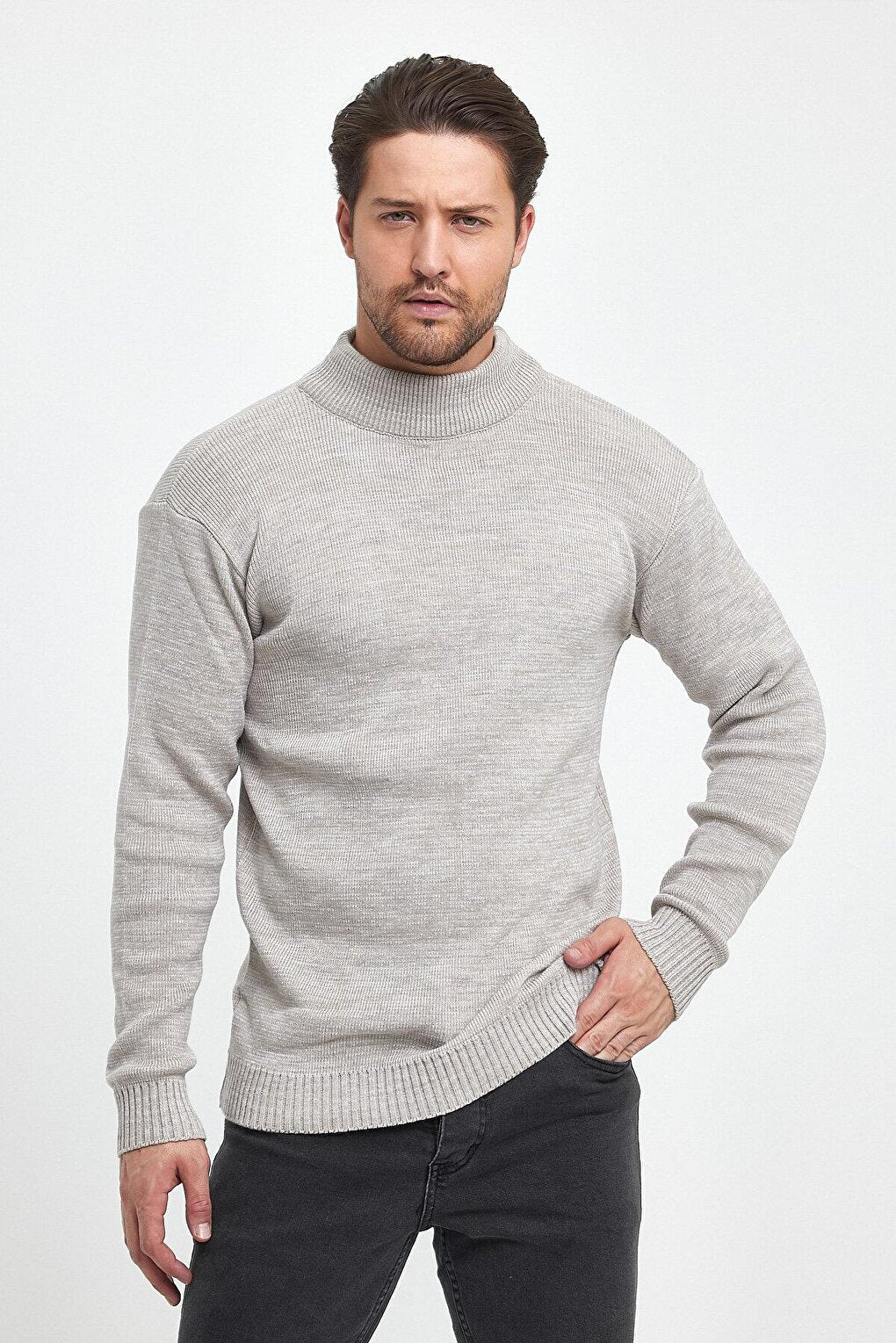 Regular Fit Half Turtleneck Textured Men's Knitwear Sweater RF0446