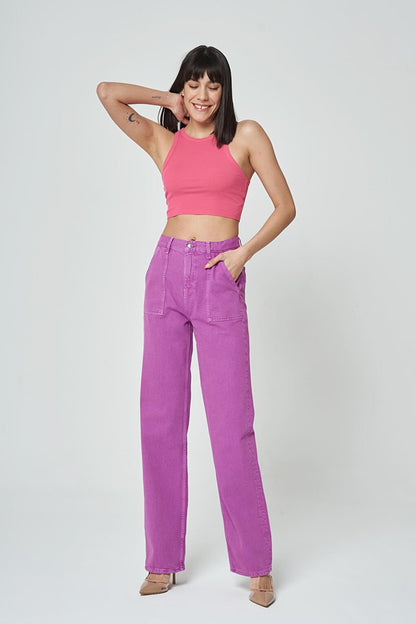 Diana Light Purple Appliqued Pocket Detailed High Waist Dad Straight Fit Zippered Jean Trousers C 4517-050