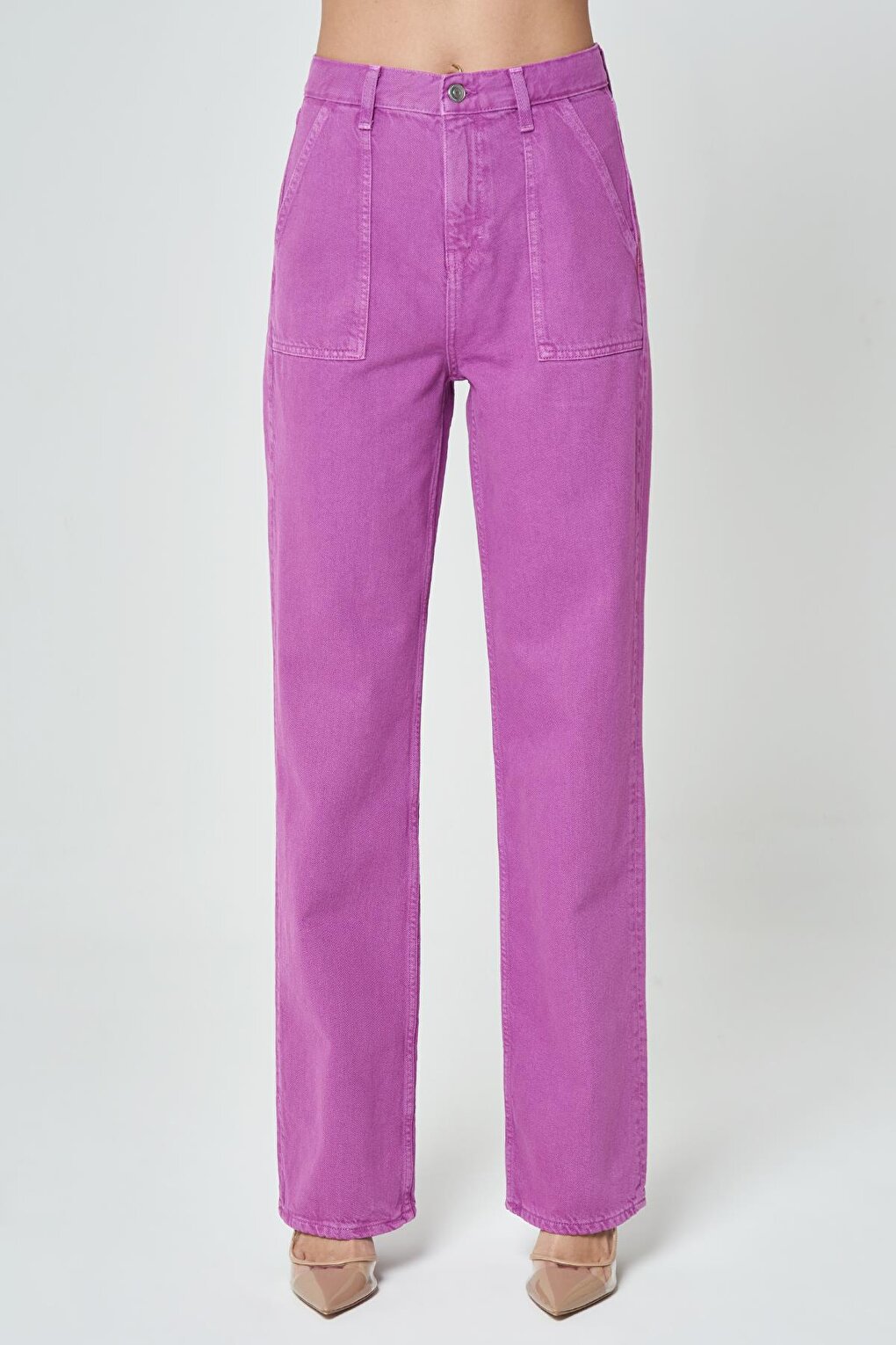 Diana Light Purple Appliqued Pocket Detailed High Waist Dad Straight Fit Zippered Jean Trousers C 4517-050