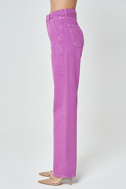 Diana Light Purple Appliqued Pocket Detailed High Waist Dad Straight Fit Zippered Jean Trousers C 4517-050