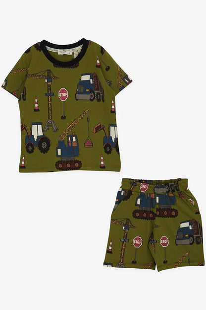 Boy's Pajama Set with Shorts, Construction Machinery Patterned Khaki Green (Age 2-4)