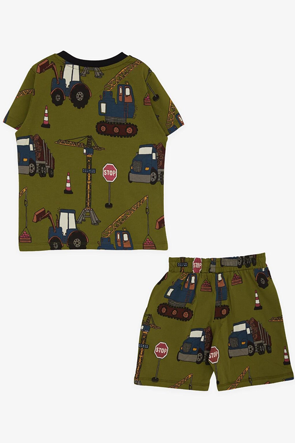 Boy's Pajama Set with Shorts, Construction Machinery Patterned Khaki Green (Age 2-4)