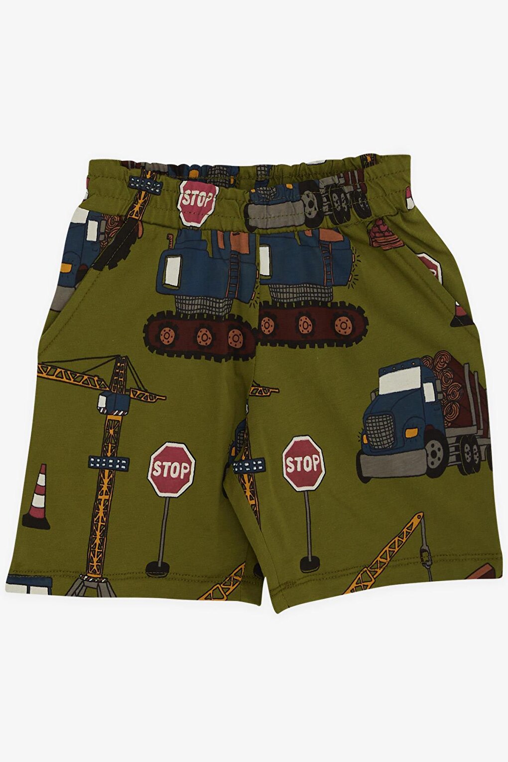 Boy's Pajama Set with Shorts, Construction Machinery Patterned Khaki Green (Age 2-4)