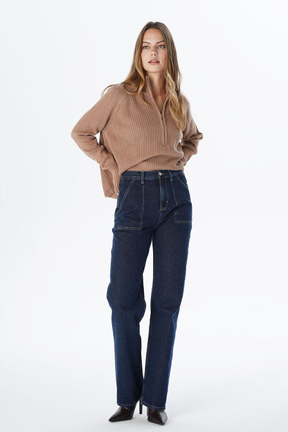 Diana Dark Blue Applique Pocket Detailed High Waist Dad Straight Fit Zippered Jean Trousers C 4517-063