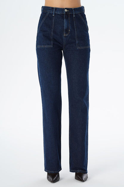 Diana Dark Blue Applique Pocket Detailed High Waist Dad Straight Fit Zippered Jean Trousers C 4517-063