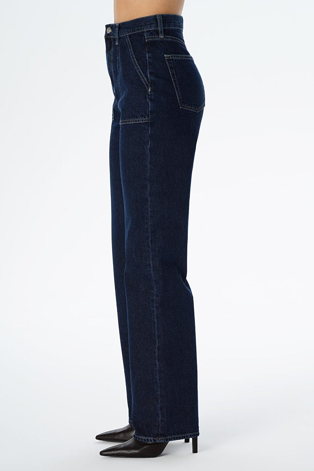 Diana Dark Blue Applique Pocket Detailed High Waist Dad Straight Fit Zippered Jean Trousers C 4517-063