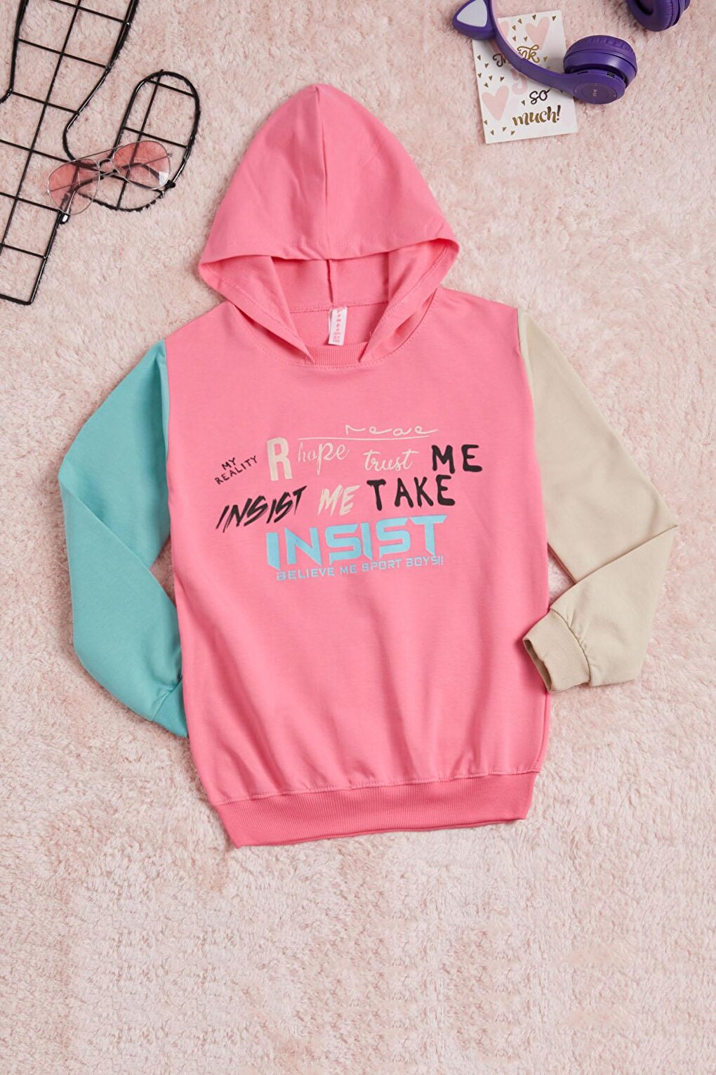 Pink Text Print Colorful Sleeve Hooded Girl's Sweatshirt 16296