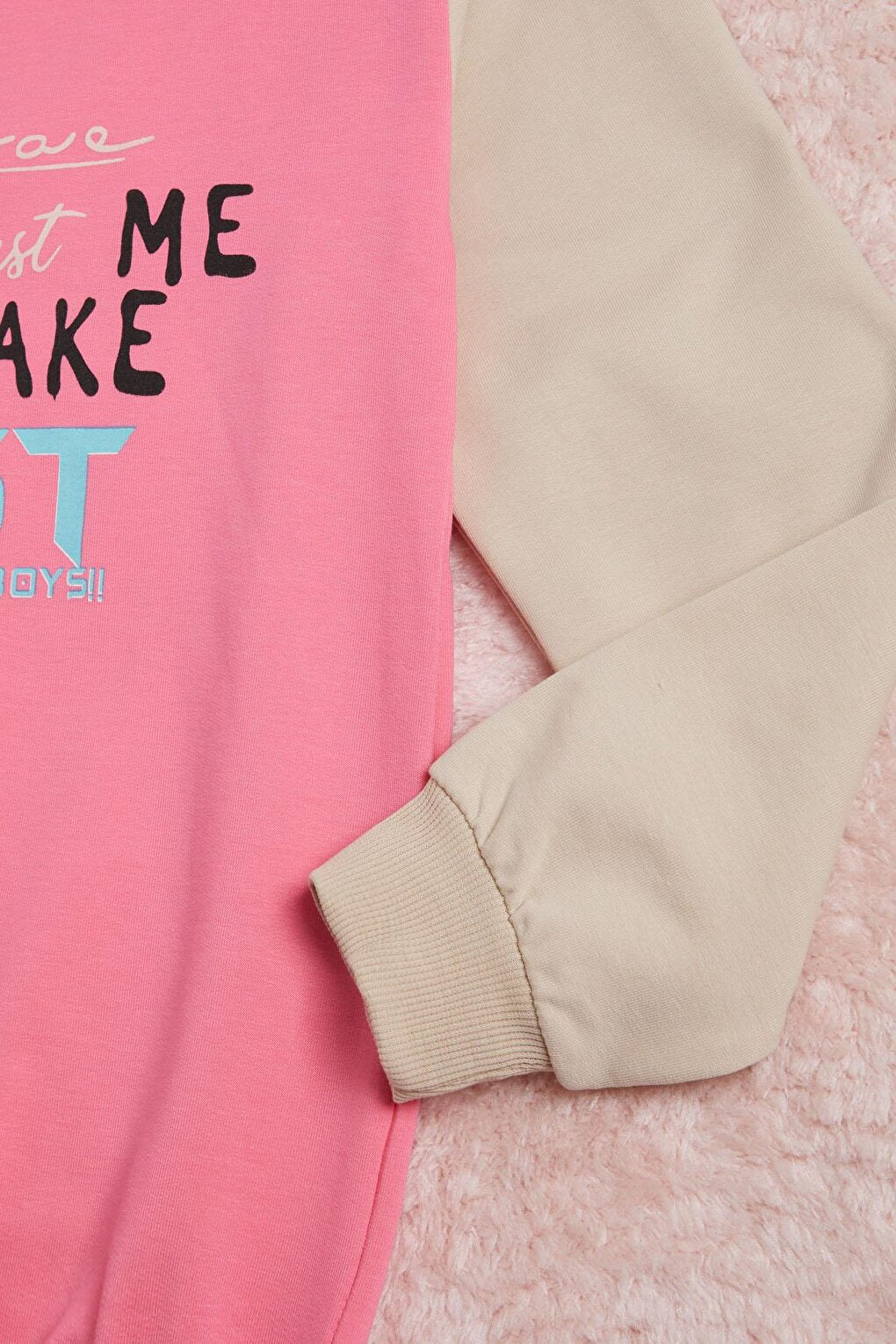 Pink Text Print Colorful Sleeve Hooded Girl's Sweatshirt 16296