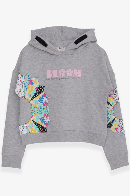 Girl's Sweatshirt Colorful Floral Printed Light Gray Melange (Ages 8-14)