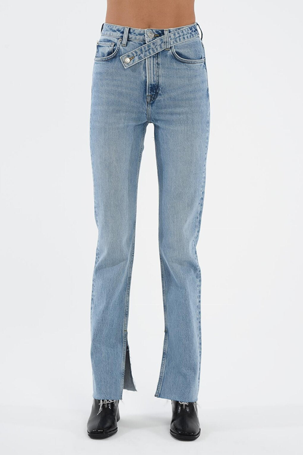 Light Blue Slim Straight Slit and Cross Belt Jean Trousers C 4556-012