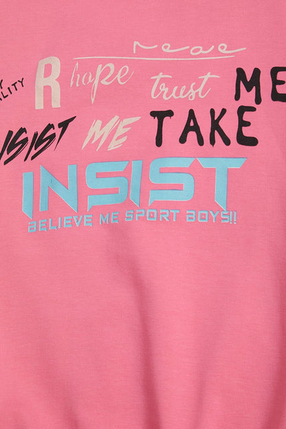 Pink Text Print Colorful Sleeve Hooded Girl's Sweatshirt 16296