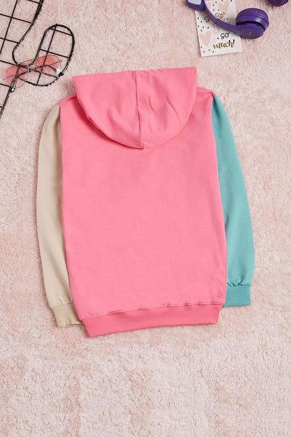 Pink Text Print Colorful Sleeve Hooded Girl's Sweatshirt 16296