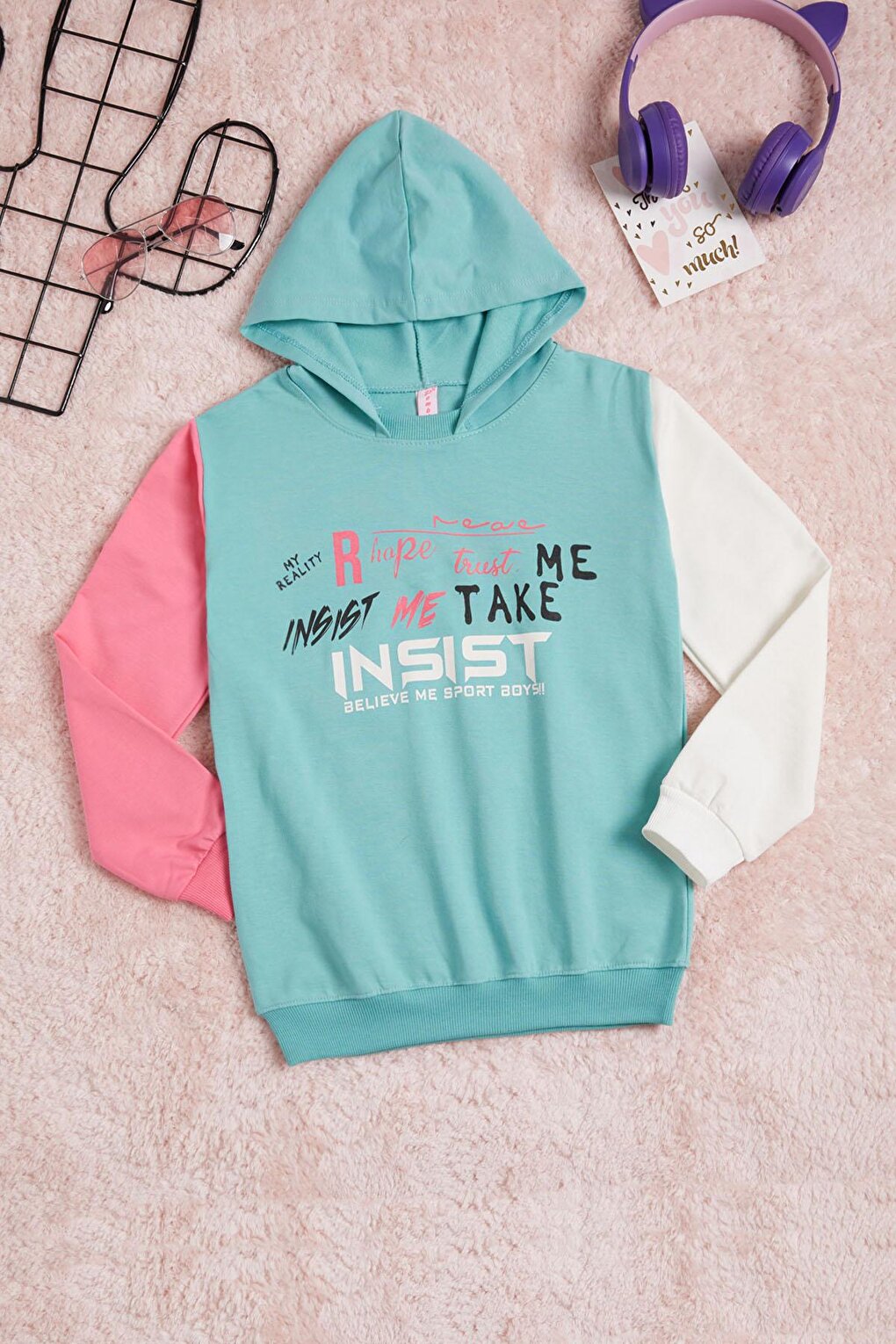 Mint Letter Print Colored Sleeve Hooded Girl's Sweatshirt 16300