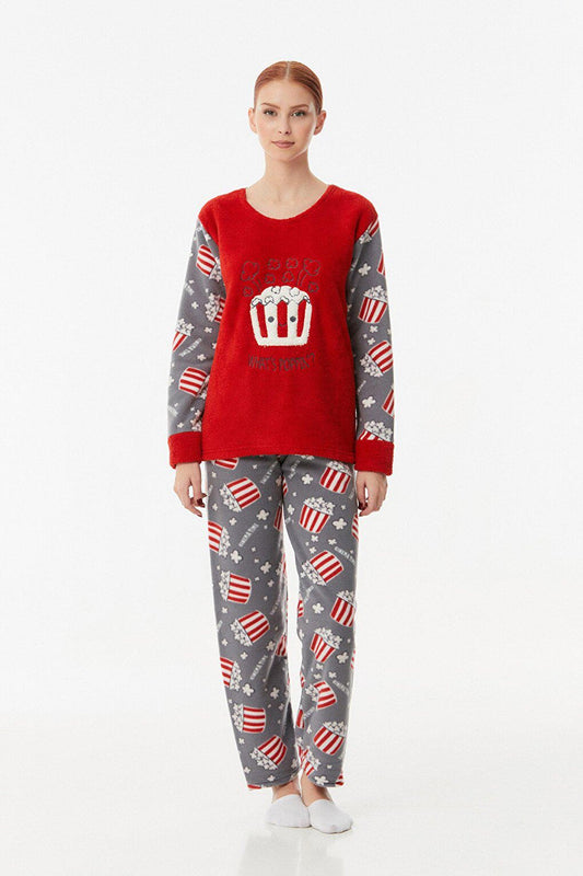 Popcorn Embroidered Fleece Pajama Set