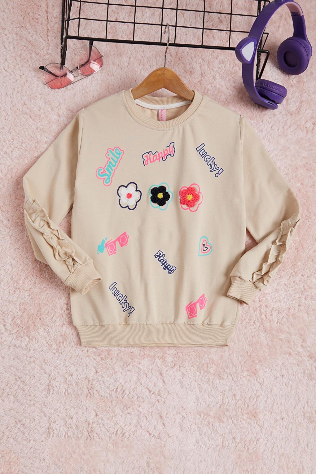 Cream Floral Embroidered Long Sleeve Girl's Sweatshirt 16302