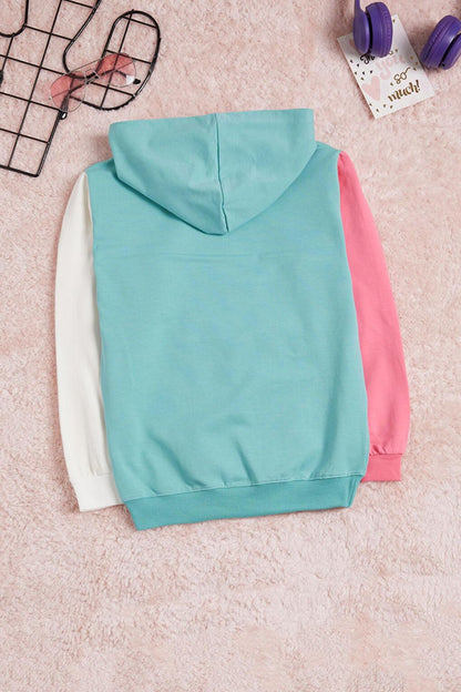 Mint Letter Print Colored Sleeve Hooded Girl's Sweatshirt 16300