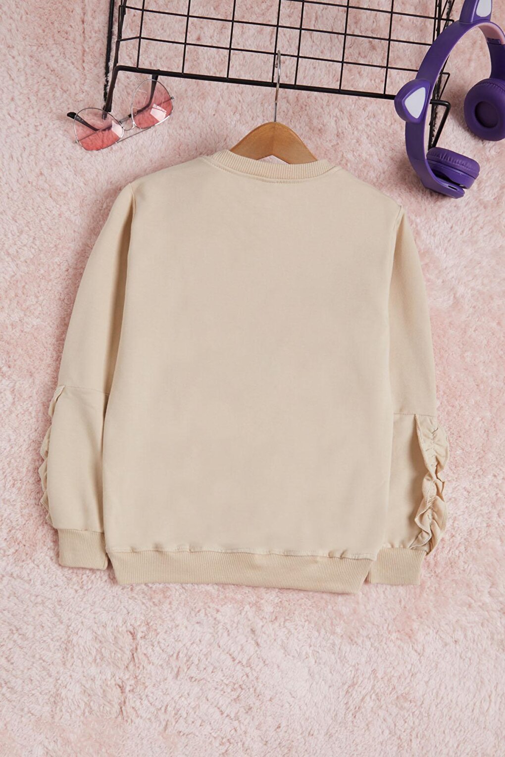 Cream Floral Embroidered Long Sleeve Girl's Sweatshirt 16302