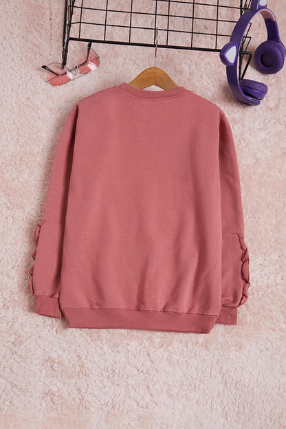 Dusty Rose Flower Embroidered Long Sleeve Girl's Sweatshirt 16301