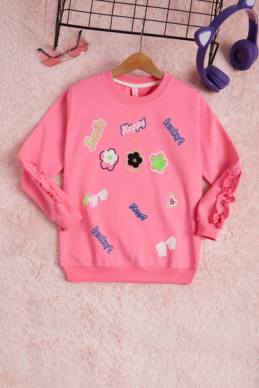 Pink Flower Embroidered Long Sleeve Girl's Sweatshirt 16305