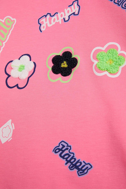 Pink Flower Embroidered Long Sleeve Girl's Sweatshirt 16305