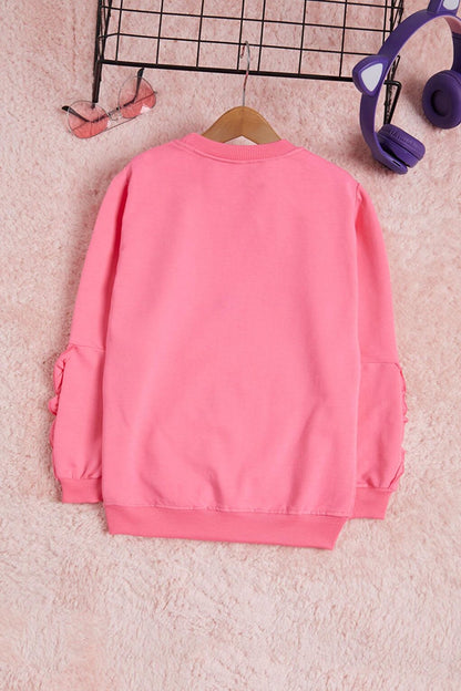 Pink Flower Embroidered Long Sleeve Girl's Sweatshirt 16305