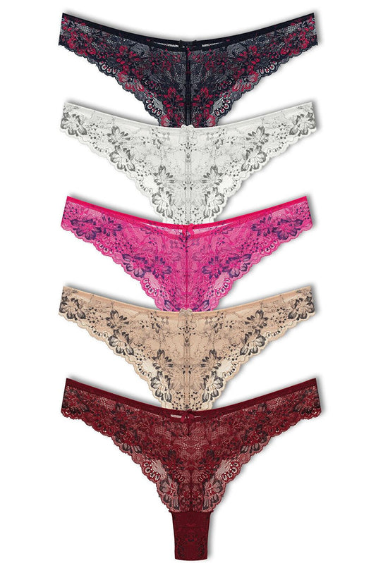 Double Color Lace High Waist Brazilian Women's Thong Panties 5-pack