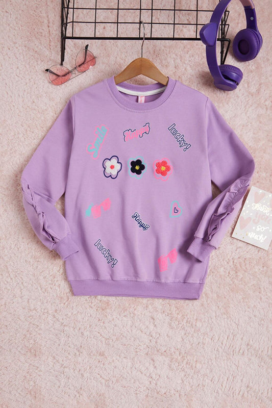 Lilac Flower Embroidered Long Sleeve Girl's Sweatshirt 16307