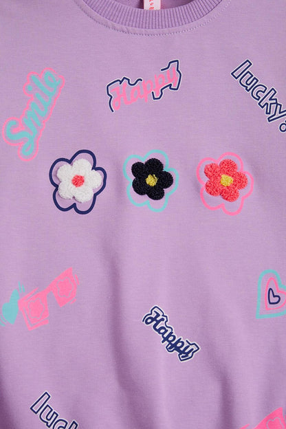 Lilac Flower Embroidered Long Sleeve Girl's Sweatshirt 16307