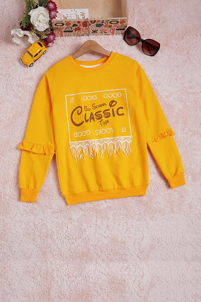 Mustard Text Printed Tassel Girls' Sweatshirt 16309