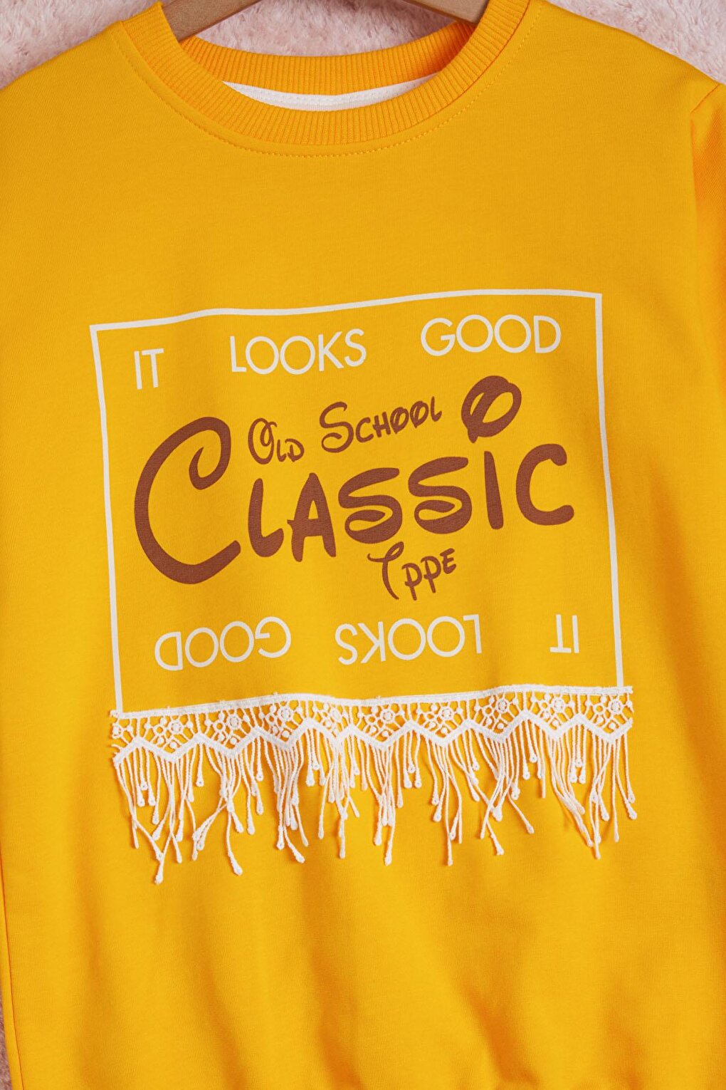 Mustard Text Printed Tassel Girls' Sweatshirt 16309