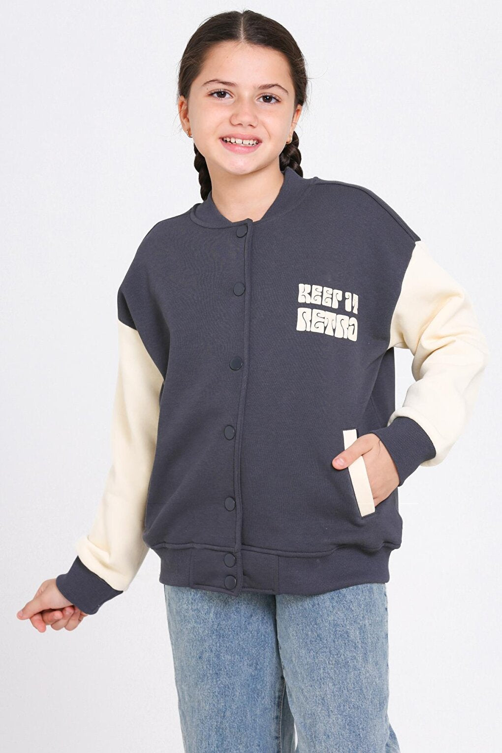 Girl's Anthracite Keer It Retro Print College Jacket