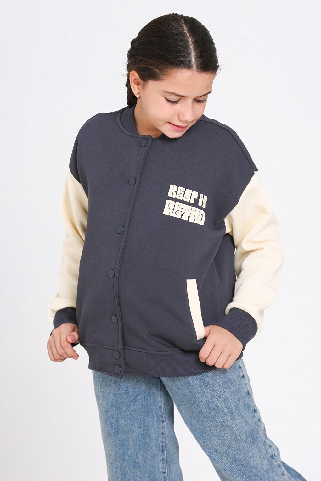 Girl's Anthracite Keer It Retro Print College Jacket