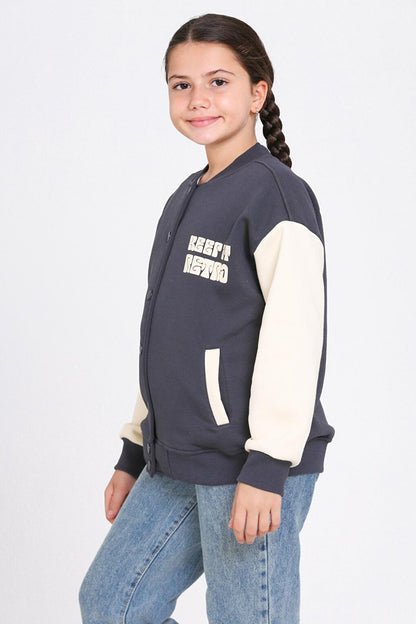 Girl's Anthracite Keer It Retro Print College Jacket