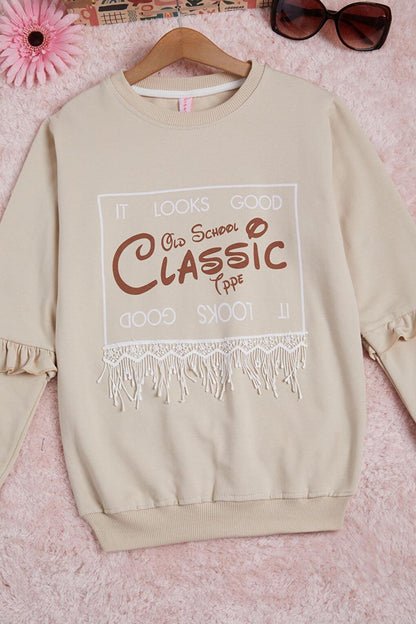 Cream Text Printed Tasseled Girl's Sweatshirt 16310