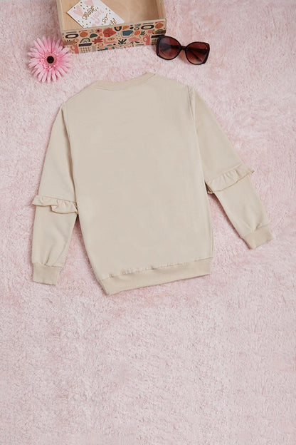 Cream Text Printed Tasseled Girl's Sweatshirt 16310