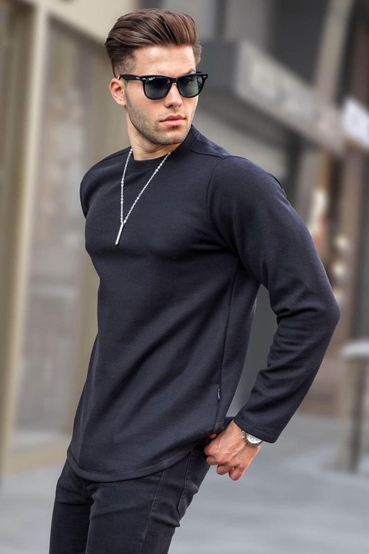 Black Crew Neck Regular Fit Basic Sweatshirt 6023