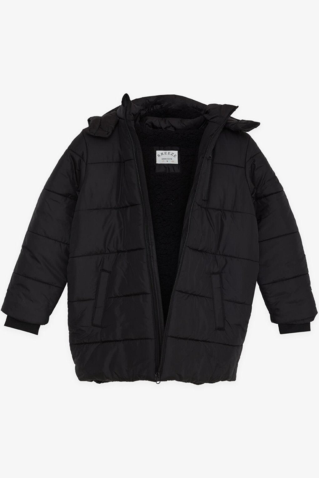 Boy's Coat Hooded with Zipper Pocket Black (Ages 4-9)