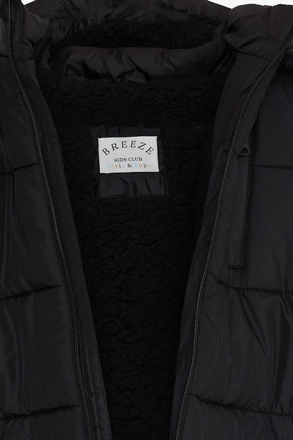 Boy's Coat Hooded with Zipper Pocket Black (Ages 4-9)