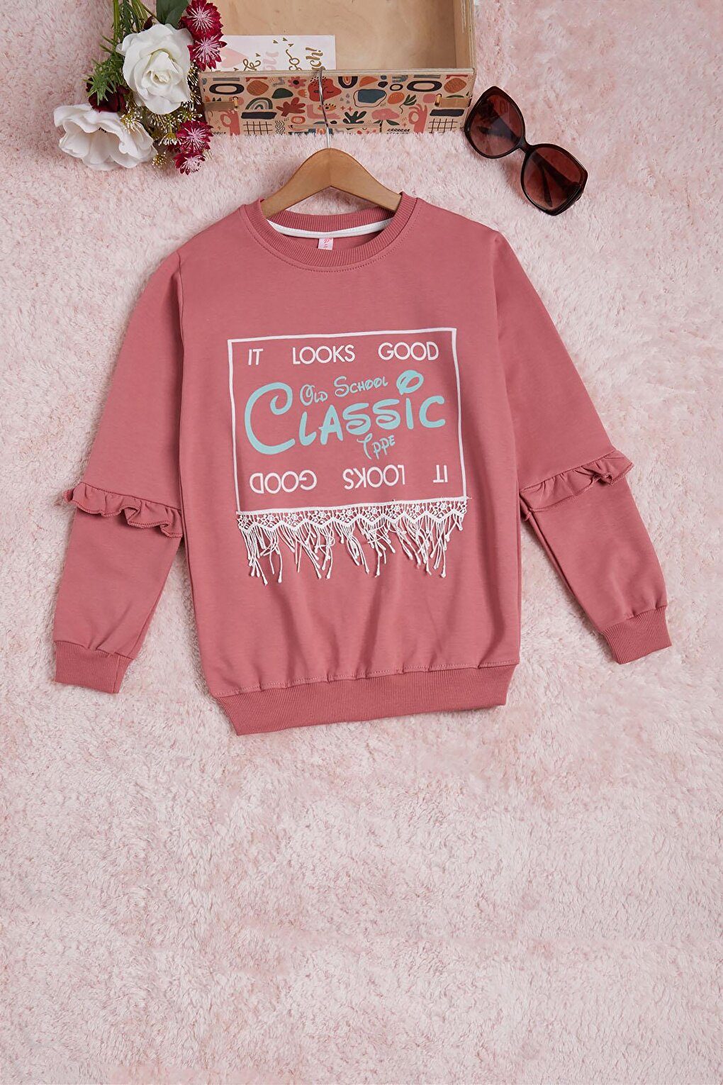 Dried Rose Text Printed Tassel Girls' Sweatshirt 16314