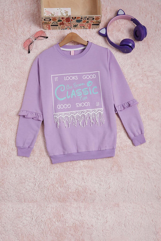 Lilac Text Printed Tassel Girls' Sweatshirt 16315