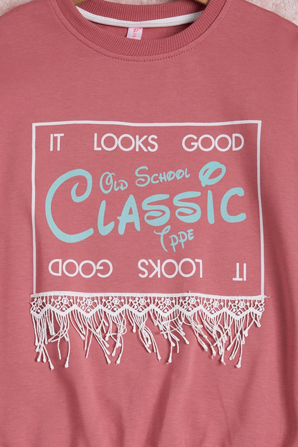 Dried Rose Text Printed Tassel Girls' Sweatshirt 16314