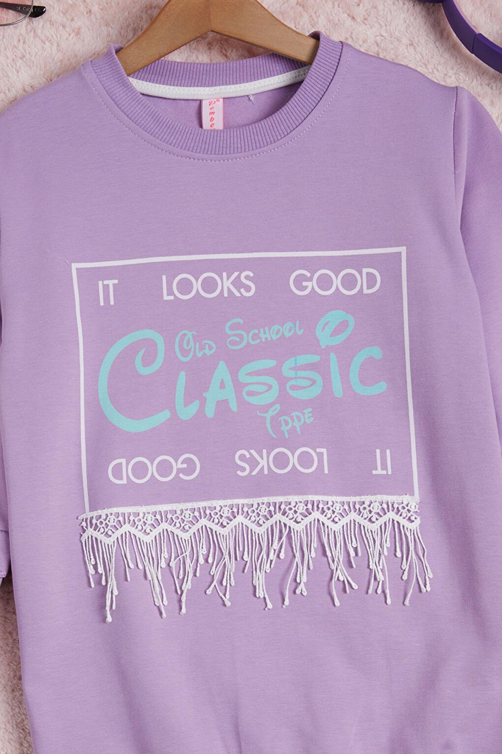 Lilac Text Printed Tassel Girls' Sweatshirt 16315