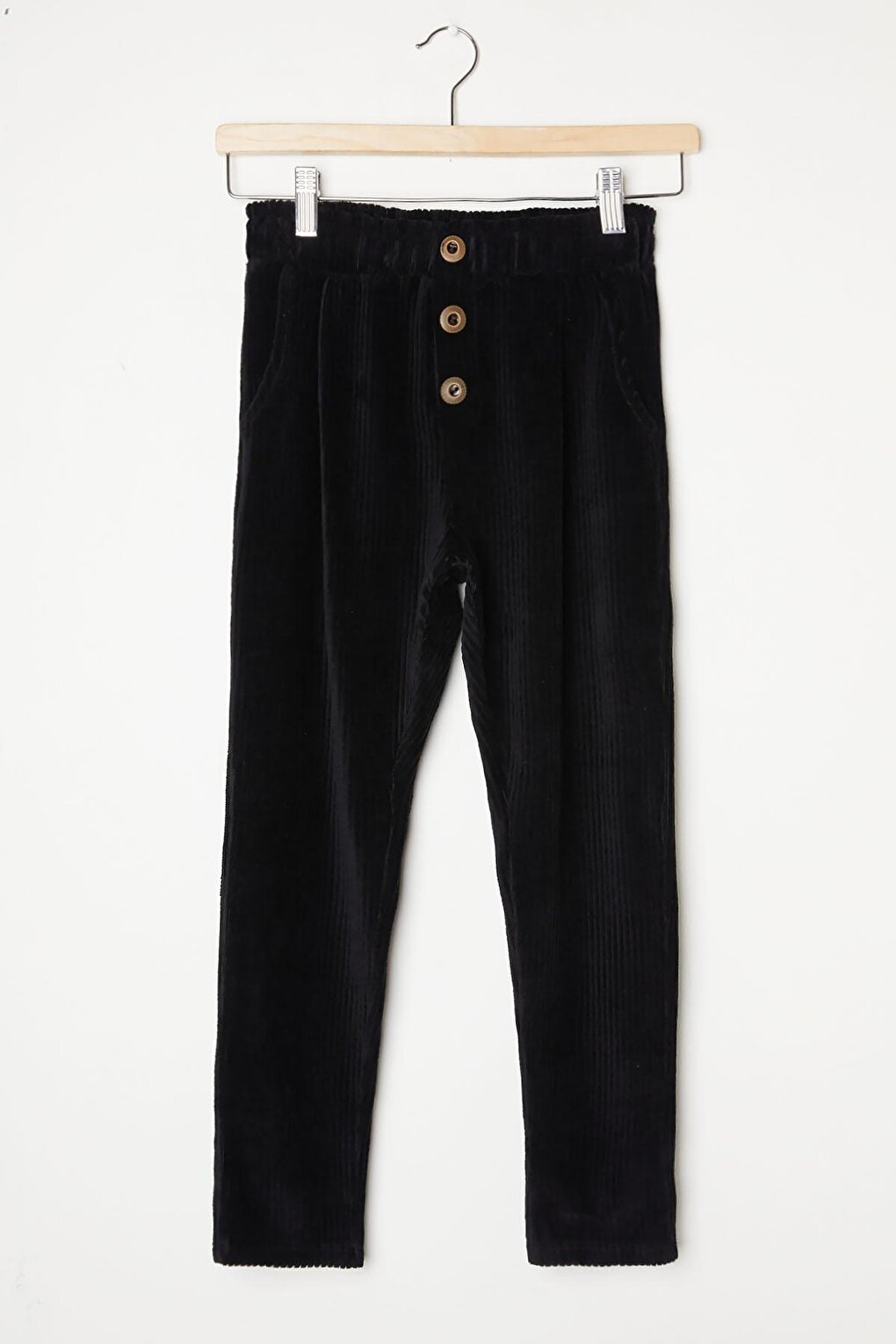 Girl's Black Button Detailed Velvet Trousers 16317