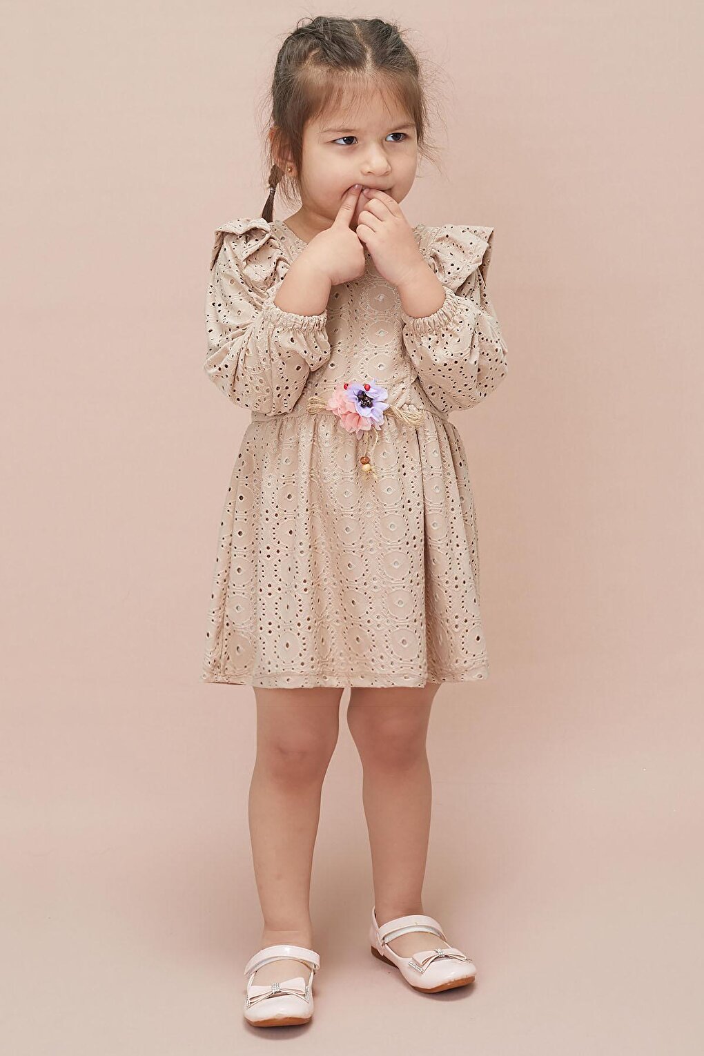 Cream Sleeve Ruffled Lace Embroidered Girl's Dress 15056