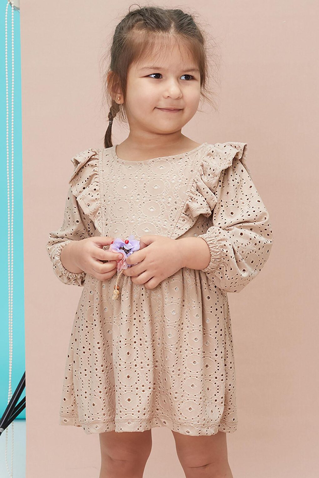 Cream Sleeve Ruffled Lace Embroidered Girl's Dress 15056