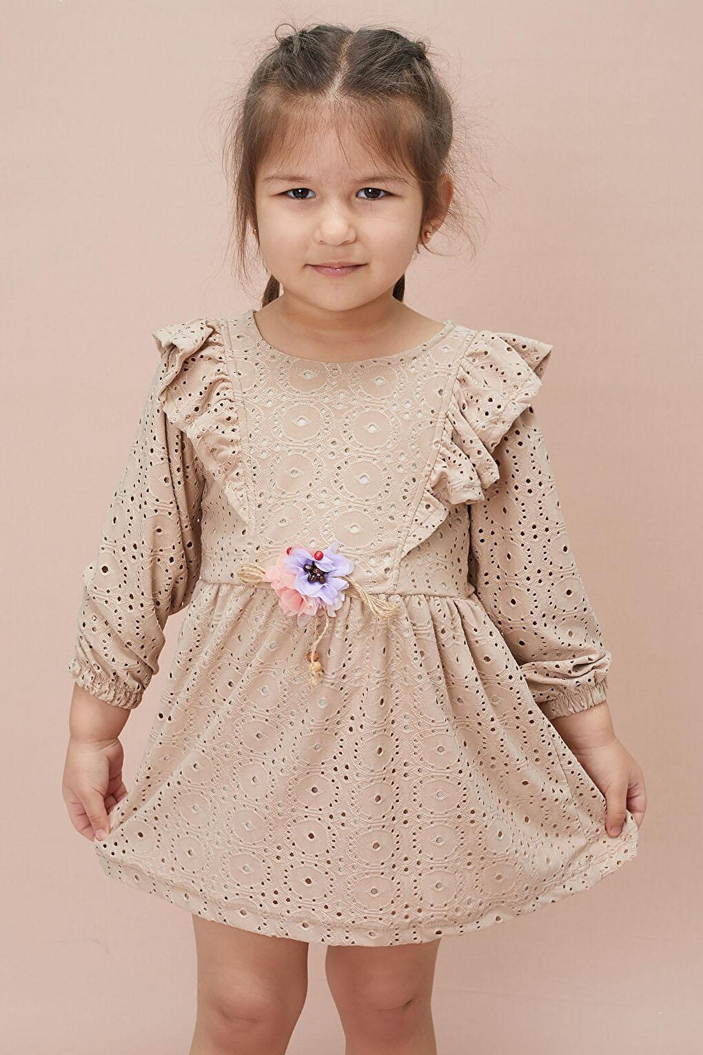 Cream Sleeve Ruffled Lace Embroidered Girl's Dress 15056