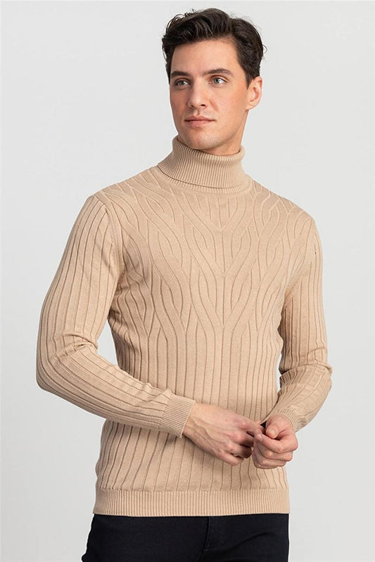 Slim Fit Full Turtleneck Hair Knitted Patterned Men's Coffee Sweater